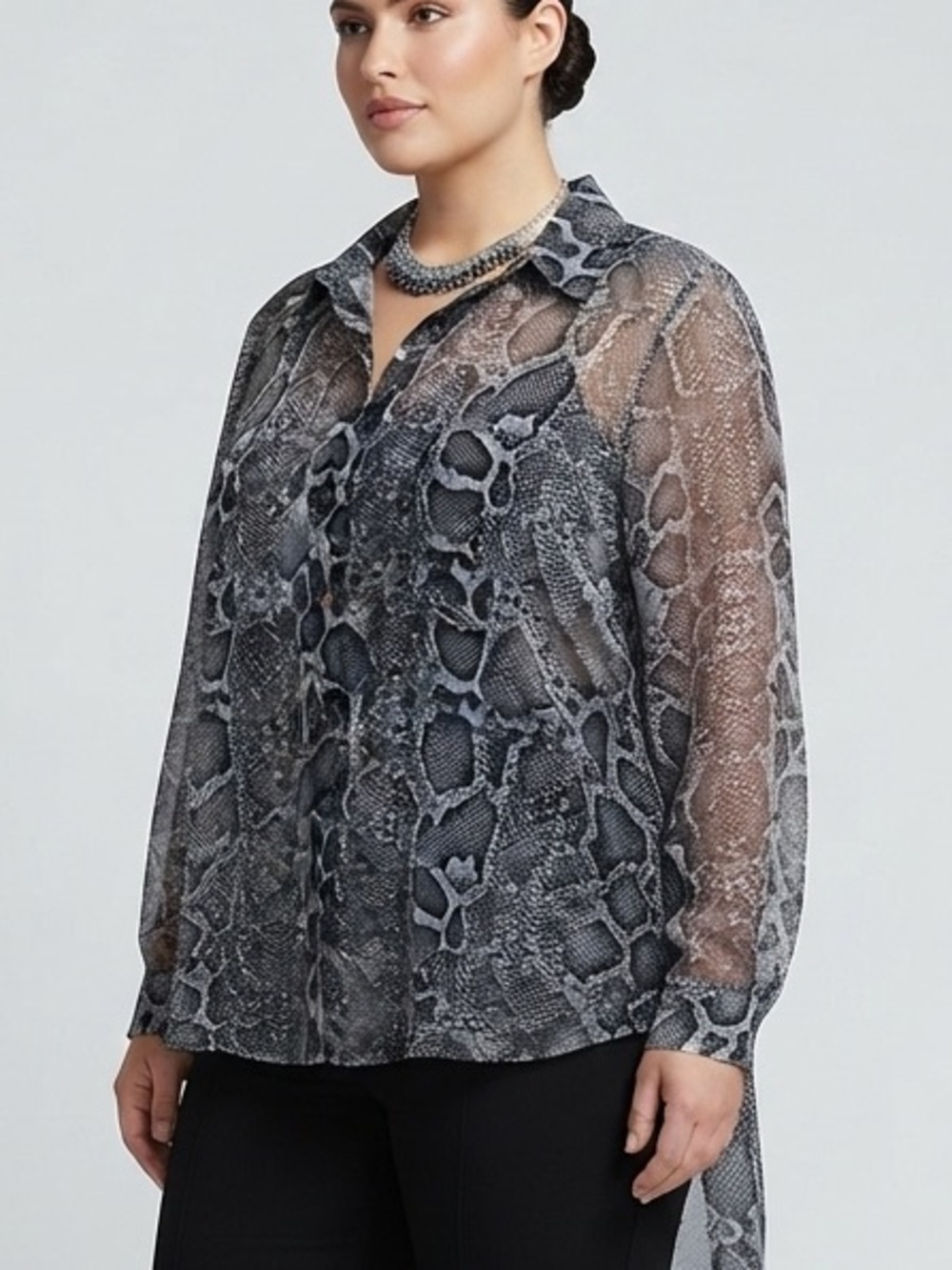 NWT SUZY SHIER Black & Gray Snake Print Button-Up Pleated High Low Blouse XXL